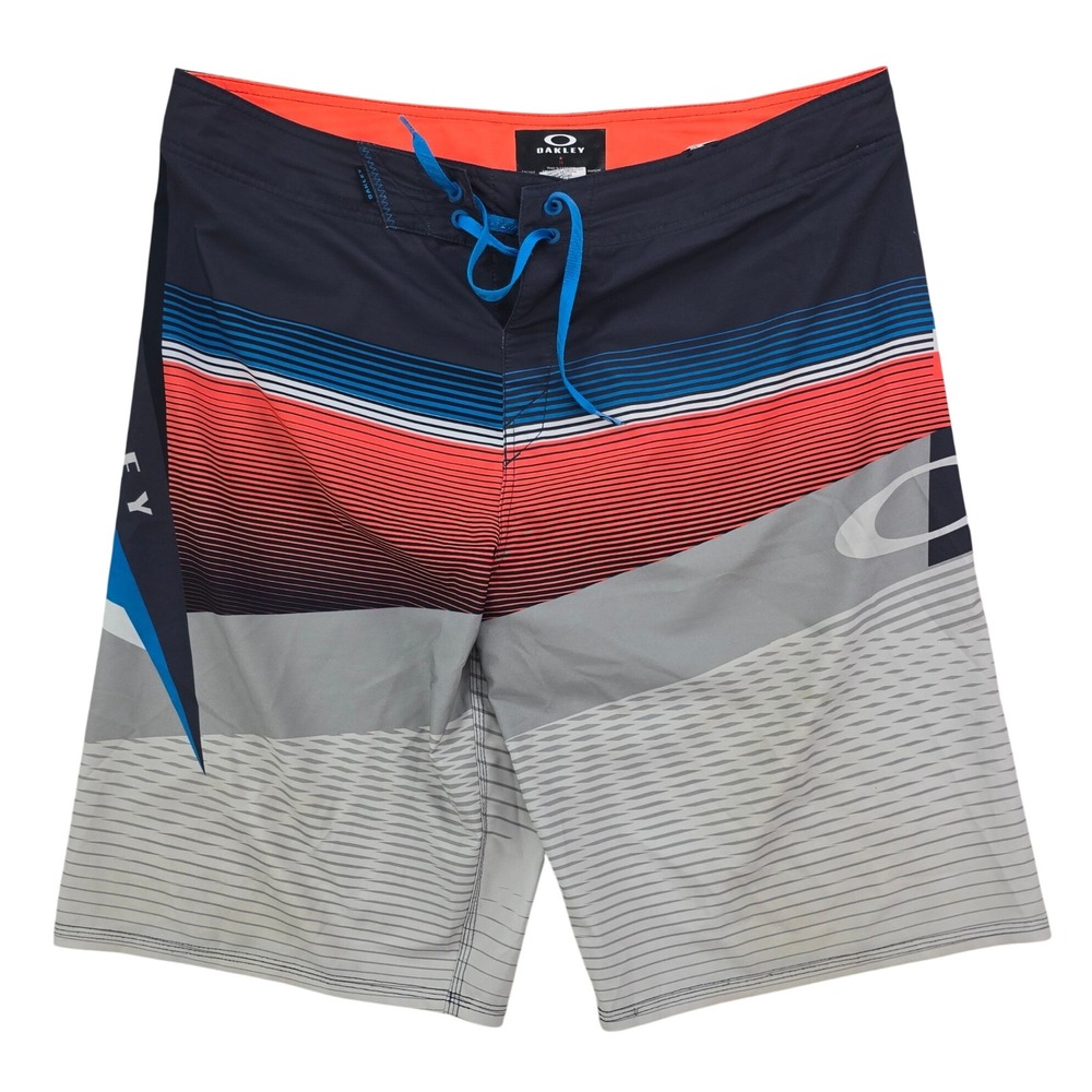 Oakley Board Shorts Mens‎ 38 Gray Orange Stripe Stretch Surf Swim Trunks Beach